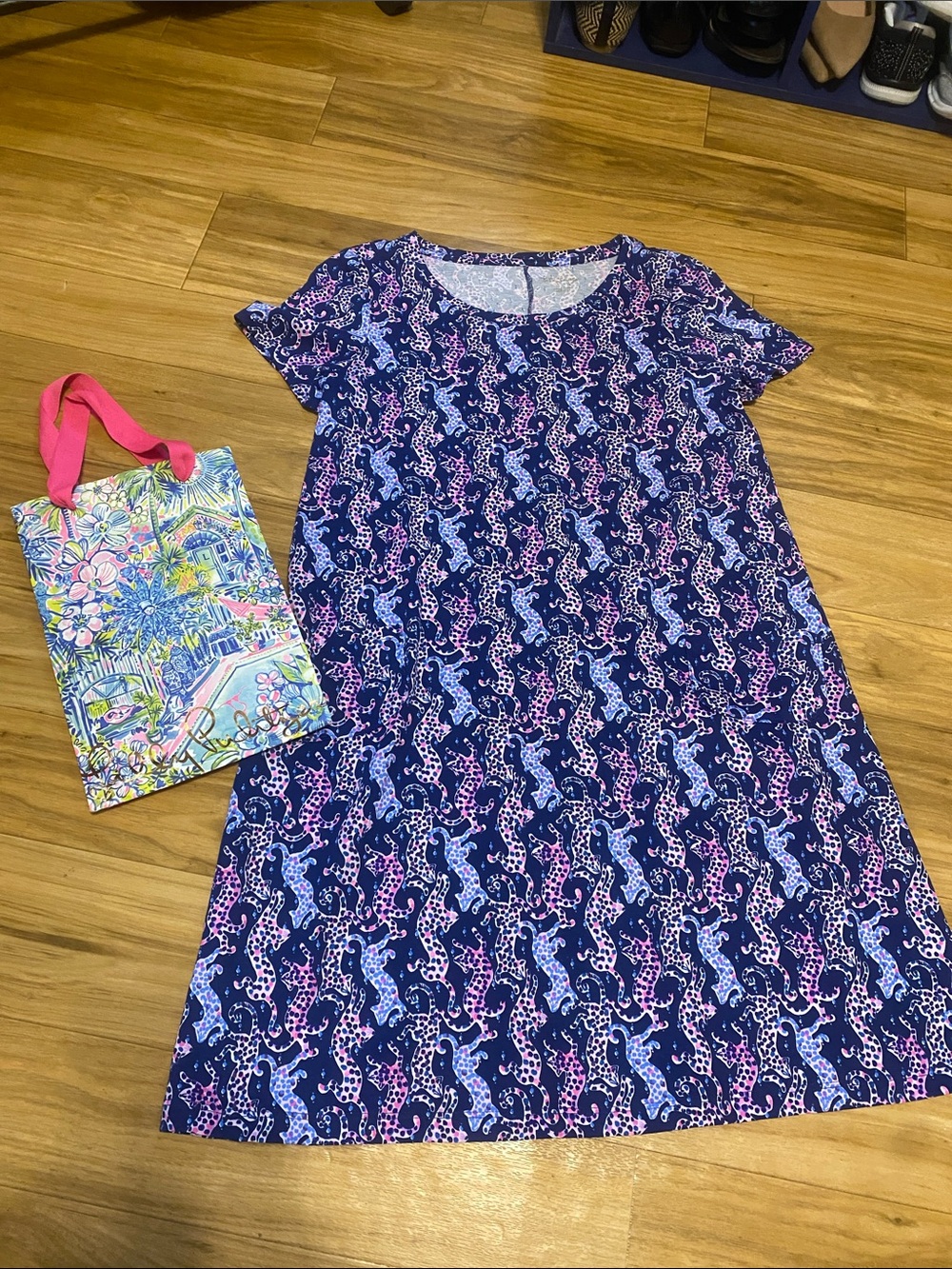 Lilly Pulitzer Navy Dress w/ Pink & Light Blue panther prints; size small